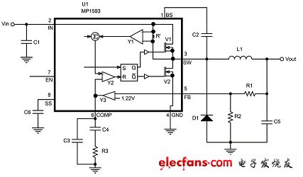  MP1593 典型的外部應用電路及部分內(nèi)部原理圖