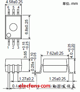 小型IC光電耦合器外形說明圖: TLP708.