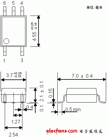 小型高速IGBT/MOSFET柵極驅(qū)動(dòng)耦合器輪廓說明圖: TLP155E.