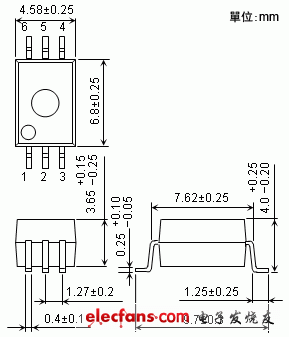 IGBT/MOSFET柵極驅(qū)動器耦合器輪廓說明圖: TLP701A.