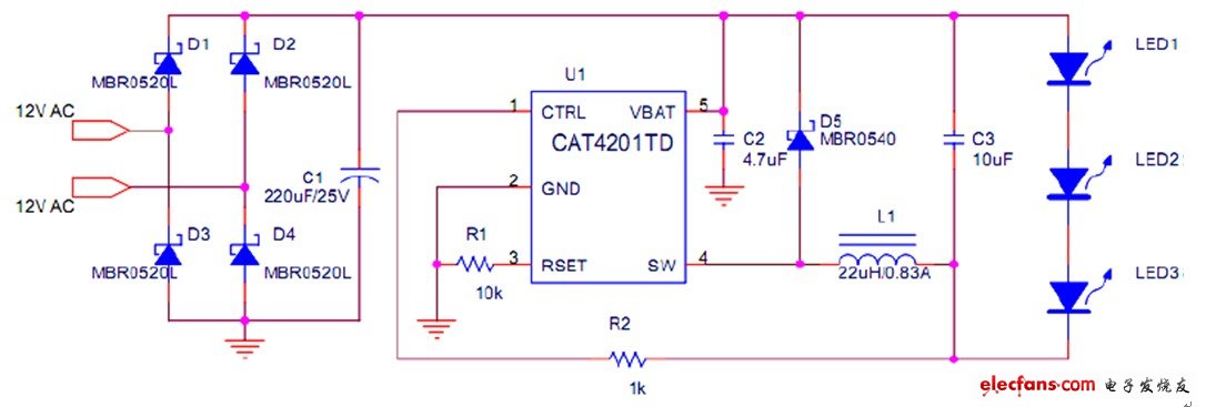 CAT4201構(gòu)成的MR16 LED燈電路