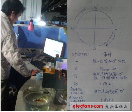 左邊為師兄在調試代碼，右邊是喂魚機實現功能圖示