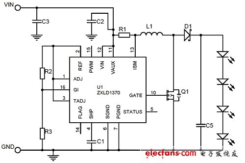 圖4:ZXLD1370升壓LED驅動器的原理圖