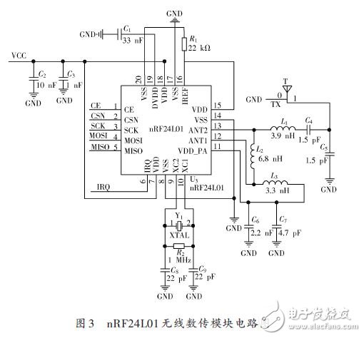 圖3 nRF24L01無線數傳模塊電路圖