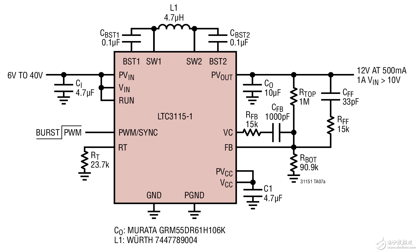 LTC3115-1微型1.5MHz 12V電源電路圖 Miniature Size 1.5MHz 12V Supply