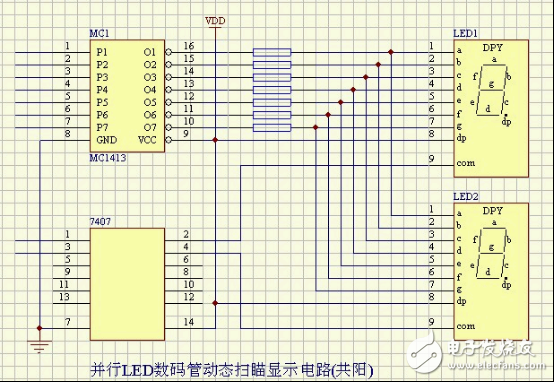 并行LED數碼管動態掃描顯示電路(共陽)