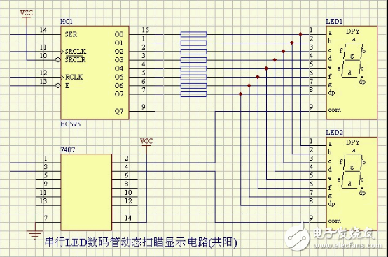 串行LED數碼管動態掃描顯示電路(共陽)