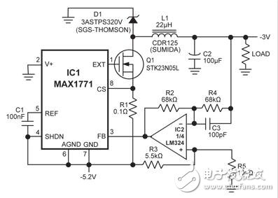 Negative Buck Regulator Employs Step-Up Controller