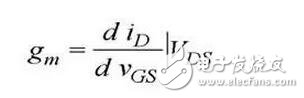 在轉移特性曲線上，gm 是曲線在某點上的斜率，也可由iD的表達式求導得出，單位為 S 或 mS。