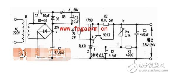 　　工作原理  　　如圖所示，220v電壓經(jīng)變壓器B降壓、D1-D4整流、C1濾波。此外D5、D6、C2、C3組成倍壓電路（使得Vdc＝60V），Rw、R3組成分壓電路，T1431、R1組成取樣放大電路，9013、R2組成限流保護電路，場效應(yīng)管K790作調(diào)整管（可直接并聯(lián)使用）以及C5是輸出濾波器電路等。  　　穩(wěn)壓過程是：當(dāng)輸出電壓降低時，f點電位降低，經(jīng)T1431內(nèi)部放大使e點電壓增高，經(jīng)K790調(diào)整后，b點電位升高；反之，當(dāng)輸出電壓增高時，f點電位升高，e點電位降低，經(jīng)K790調(diào)整后，b點電位降低。  　　從而使輸出電壓穩(wěn)定。當(dāng)輸出電流大于6A時，三極管9013處于截止，使輸出電流被限制在6A以內(nèi)，從而達到限流的目的。本電路除電阻R1選用2W、R2選用5W外，其它元件無特殊要求，其元件參數(shù)如圖3所示。  　　1  　　2  　　基于TL431的延時定時器電路圖  　　1  　　TL431的無反饋，可以看作一個NPN或N - MOS器件高跨導(dǎo)和精確的2.5V接通電壓 。管頭要小心：TL431的引腳上（+電源）是陰極，較低的（供應(yīng)） - 陽極 。。。 它的另一個世界。  　　1  　　重負荷（超過100毫安），可以通過完全脫鉤的繼電器或optocouples供電，或與PNP（P - MOS）開關(guān)晶體管。為監(jiān)管機構(gòu)制定的特殊的PNP類型 - 這些具有低壓降和不需要很多的基極電流。  　　1  　　要添加遲滯（正反饋） - 添加另一個PNP逆變器。從電源紋波穩(wěn)壓器中分離出來的RS - DS輸入網(wǎng)絡(luò)。  　　1  　　基本定時器配置。設(shè)置起動電流通過RT為100uA（遠高于基輸入繪制2uA）。開啟延時T1 = 2.5V/U1 *（RT * NO）。斷電延時通常是由負載電流，但你必須考慮電源capacitanca和泄漏（C2，R2）的影響。  　　工作例如：連續(xù)兩次在電子管放大器的延遲（45秒，60秒）。齊納穩(wěn)壓電源供應(yīng)器（它可以摩托艇沒有它 - 繼電器的電流是相當(dāng)高的，100mA的）分離定時電容。  　　如果連續(xù)兩次延遲有一個相對較小的時間傳播 - 使用單一的定時電容：  　　1