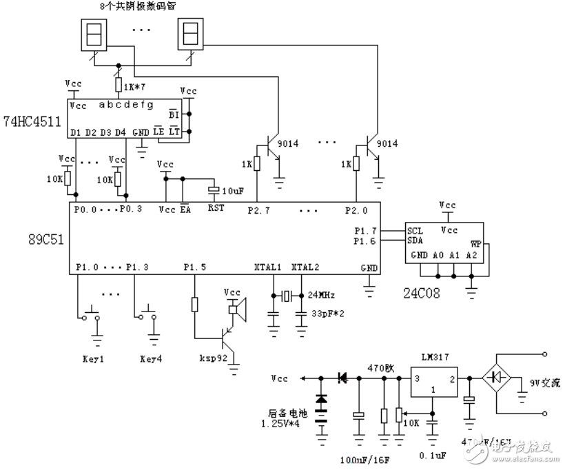 基于89C51單片機8個鬧鐘時間的智能時鐘的設計（附電路圖和程序代碼）